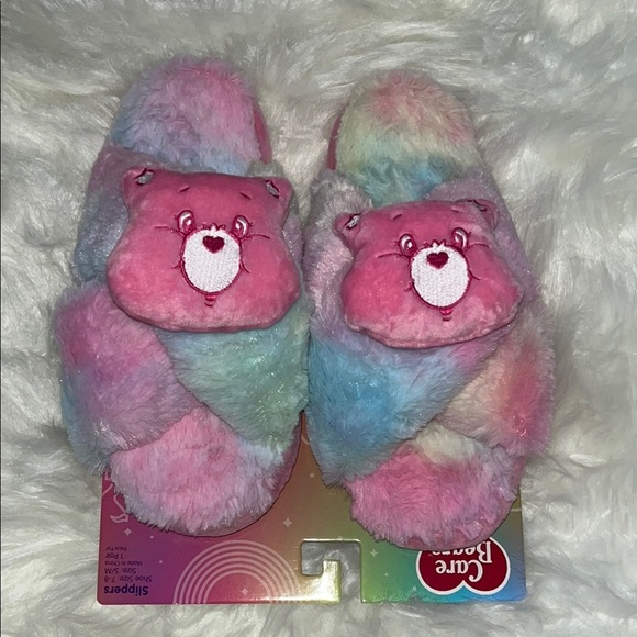 🆕 Care Bears Slippers Open Toe Crisscross Straps Pastel Rainbow Tye-Dye Size 7-8 - Picture 1 of 10